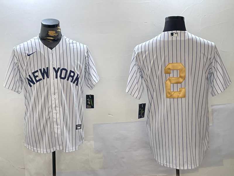 Mens New York Yankees #2 Derek Jeter White Pinstripe Without Name Fashion Cool Base Jersey